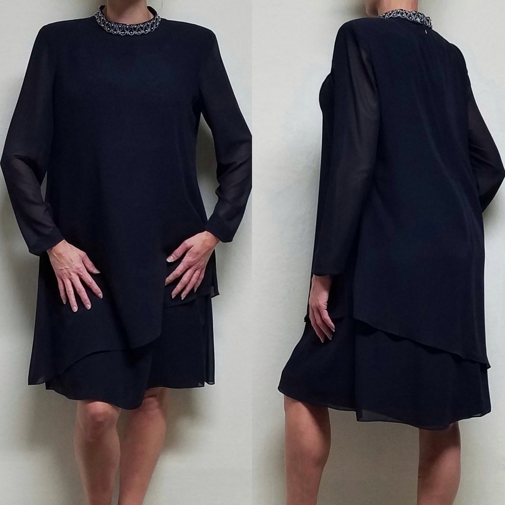 Vintage 80s JNY Navy Blue Tiered Asymmetric Chiffon Statement Necklace Dress